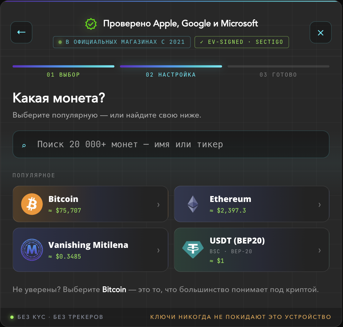 Écran « Quelle monnaie ? » avec Bitcoin, Ethereum et USDT